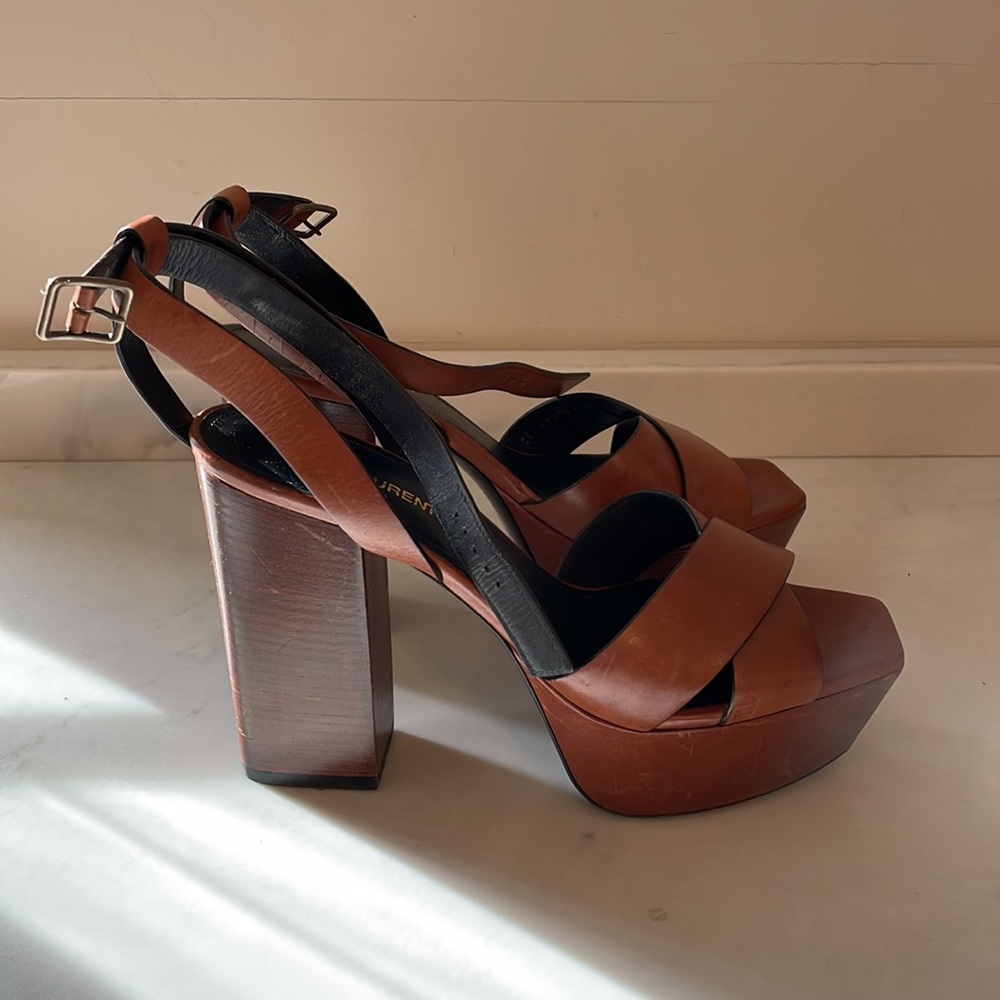 Saint Laurent Brown Leather Platform Sandals - Picture 3 of 13